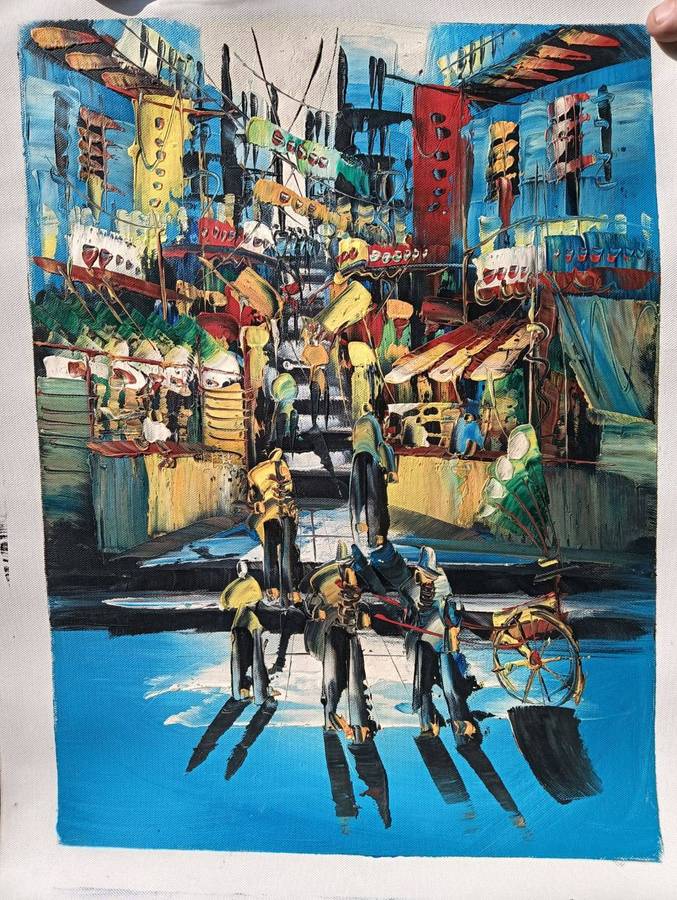 Colourful Original Oil on Canvas Asian Street Scene with Rickshaws and Street Vendors Vintage 1970s