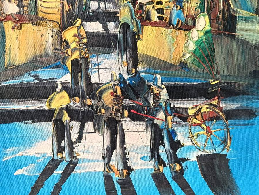 Colourful Original Oil on Canvas Asian Street Scene with Rickshaws and Street Vendors Vintage 1970s