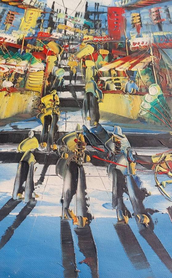 Colourful Original Oil on Canvas Asian Street Scene with Rickshaws and Street Vendors Vintage 1970s