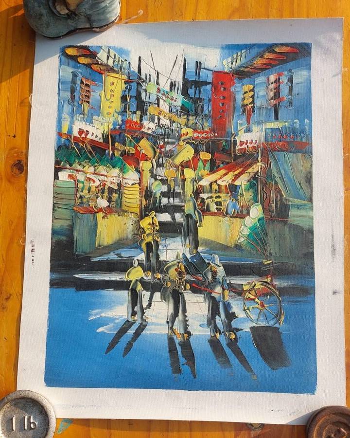 Colourful Original Oil on Canvas Asian Street Scene with Rickshaws and Street Vendors Vintage 1970s