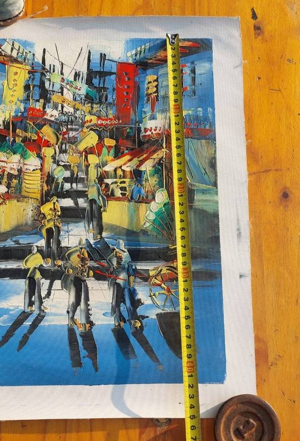 Colourful Original Oil on Canvas Asian Street Scene with Rickshaws and Street Vendors Vintage 1970s