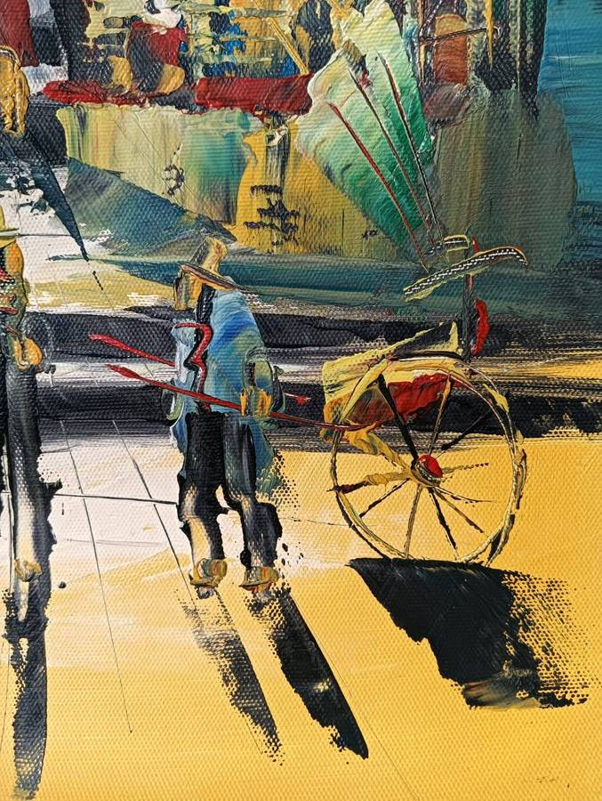Vintage 1970s Colourful Original Oil on Canvas Asian Street Scene with Upward Sloping Steps Street