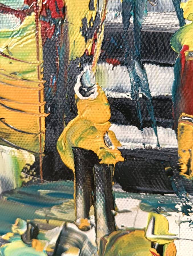 Vintage 1970s Colourful Original Oil on Canvas Asian Street Scene with Upward Sloping Steps Street