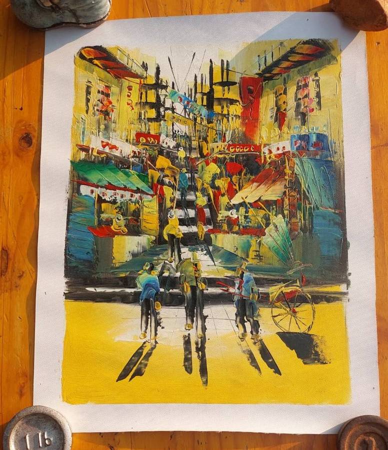 Vintage 1970s Colourful Original Oil on Canvas Asian Street Scene with Upward Sloping Steps Street