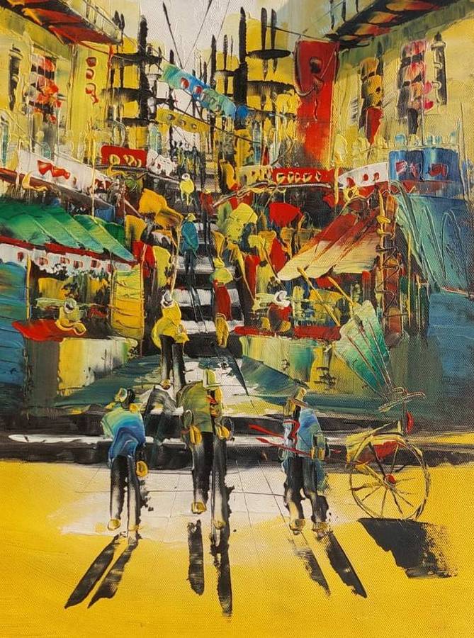 Vintage 1970s Colourful Original Oil on Canvas Asian Street Scene with Upward Sloping Steps Street