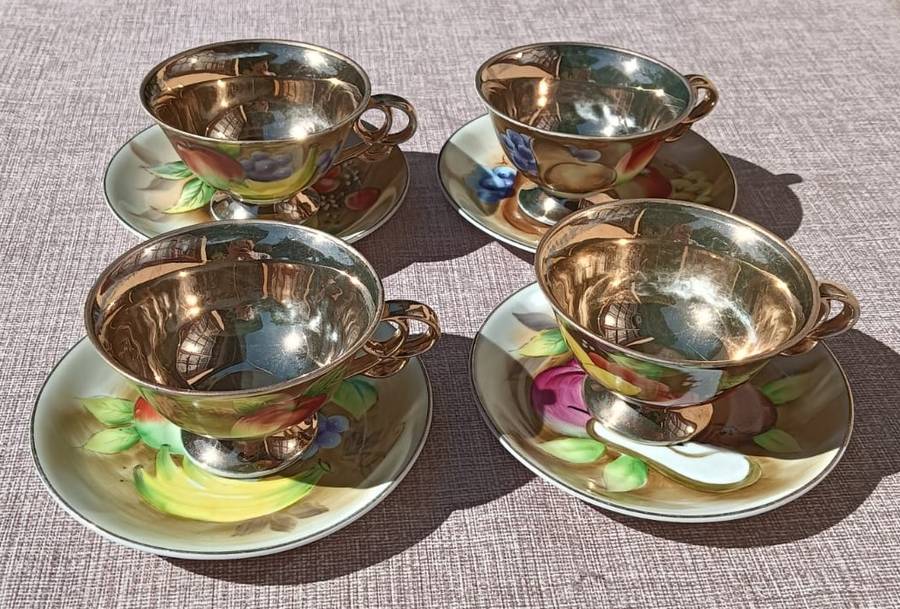Four(4) Gold Gilded Porcelain Duos - Vintage Italian Balboa Fruit Design - Handmade and Hand Painted