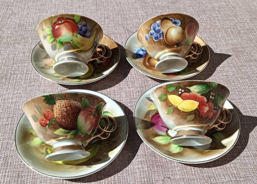Four(4) Gold Gilded Porcelain Duos - Vintage Italian Balboa Fruit Design - Handmade and Hand Painted