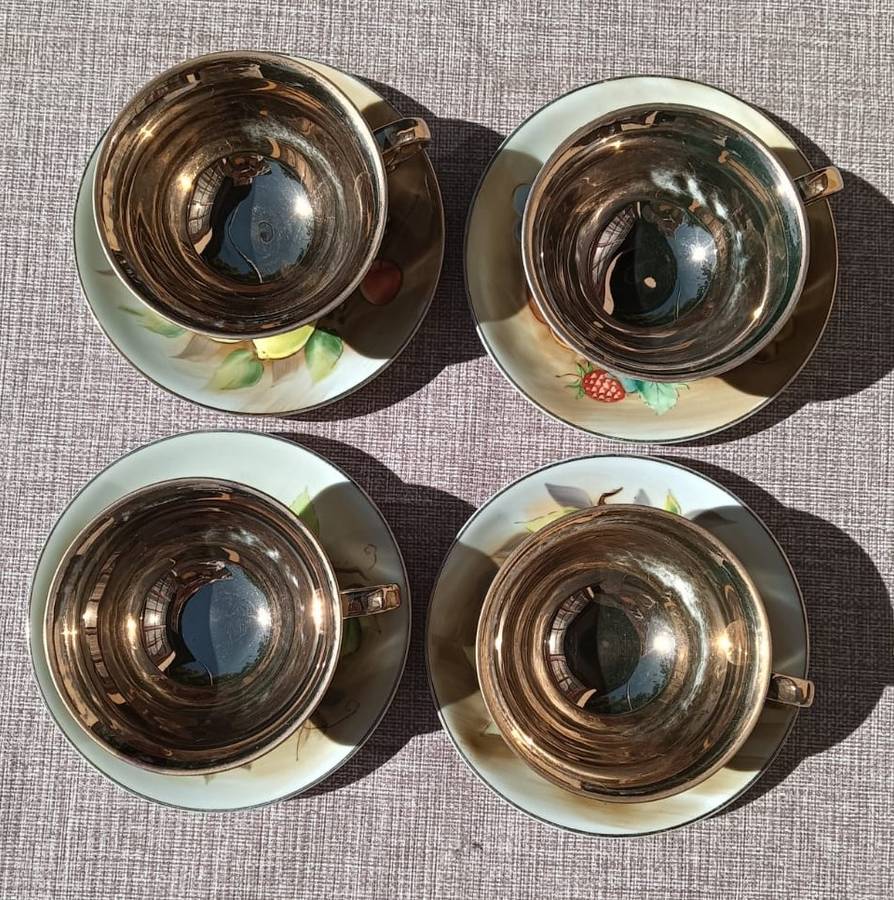 Four(4) Gold Gilded Porcelain Duos - Vintage Italian Balboa Fruit Design - Handmade and Hand Painted