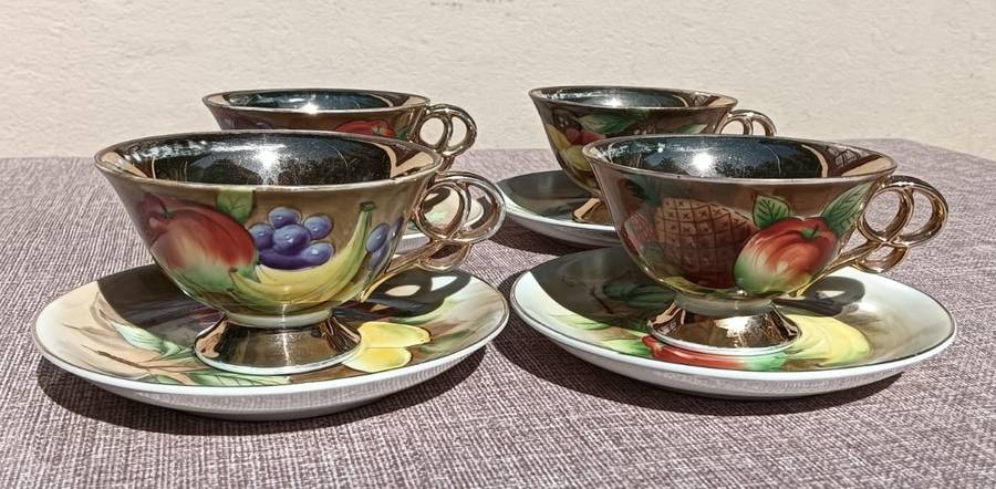 Four(4) Gold Gilded Porcelain Duos - Vintage Italian Balboa Fruit Design - Handmade and Hand Painted
