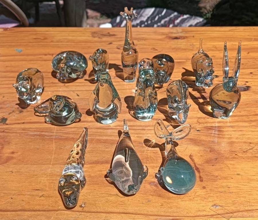 Large Group of 14 Ngwenya Glass Animals: Uncommon Rabbit, Whale, Squirrel, Pengiun, Crocodile etc