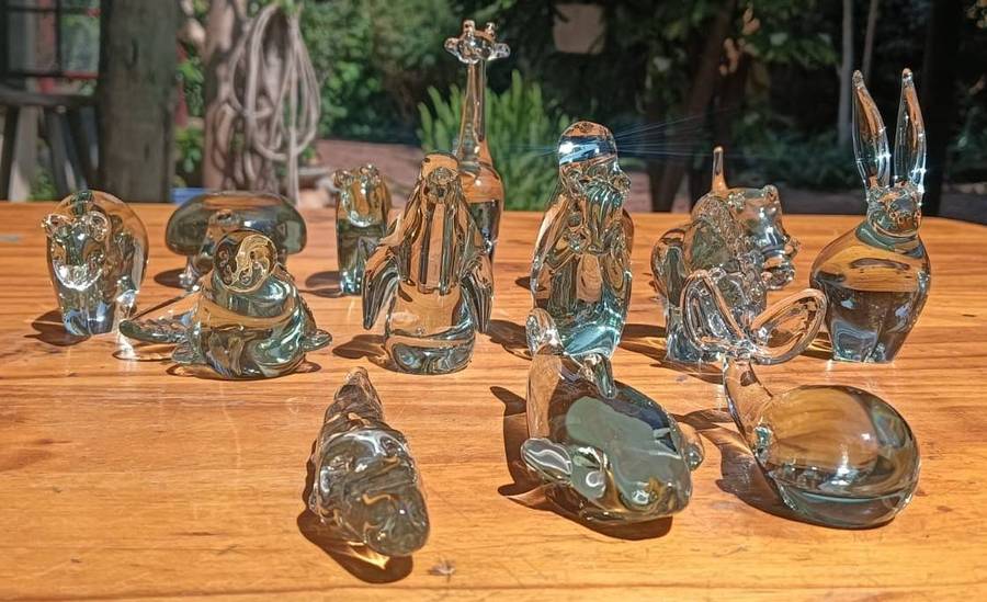 Large Group of 14 Ngwenya Glass Animals: Uncommon Rabbit, Whale, Squirrel, Pengiun, Crocodile etc