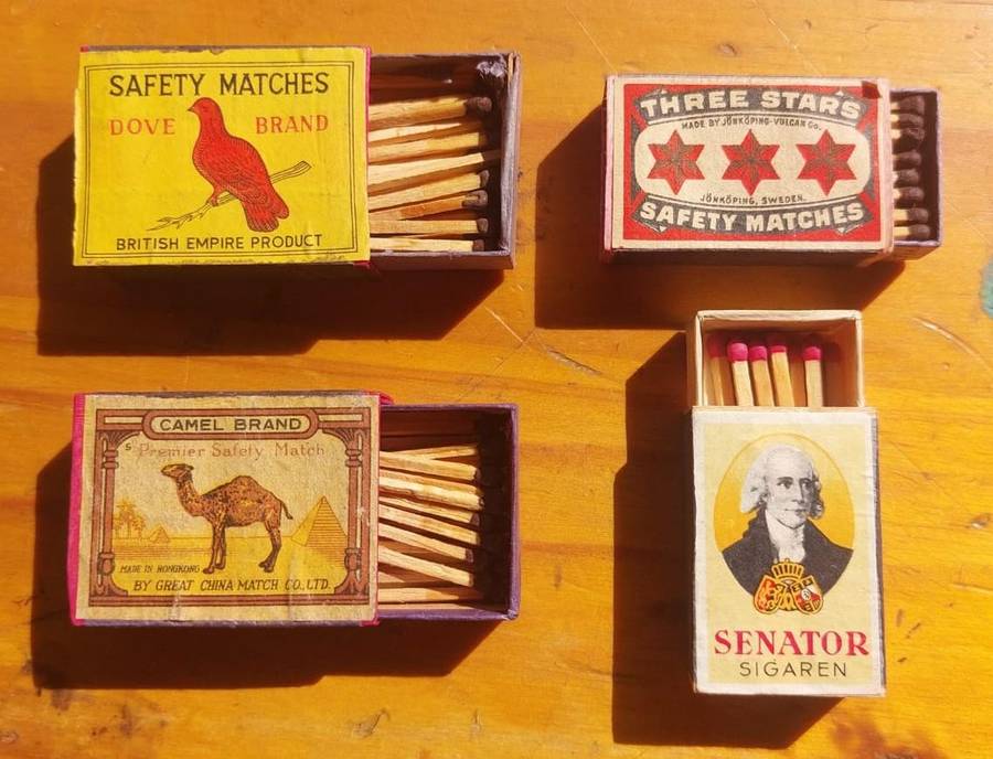Vintage Matchbook and Matchbox Collection (51 Match books/boxes) in an old Uiltjie Cigar Box