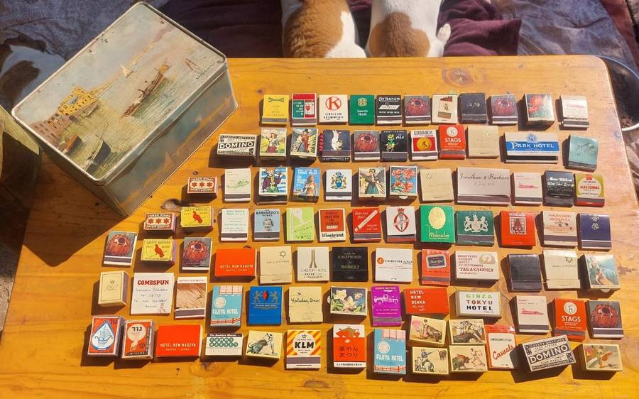 Vintage Matchbook and Matchbox Collection (78 Match books/boxes) in an old Bay of Naples Tin