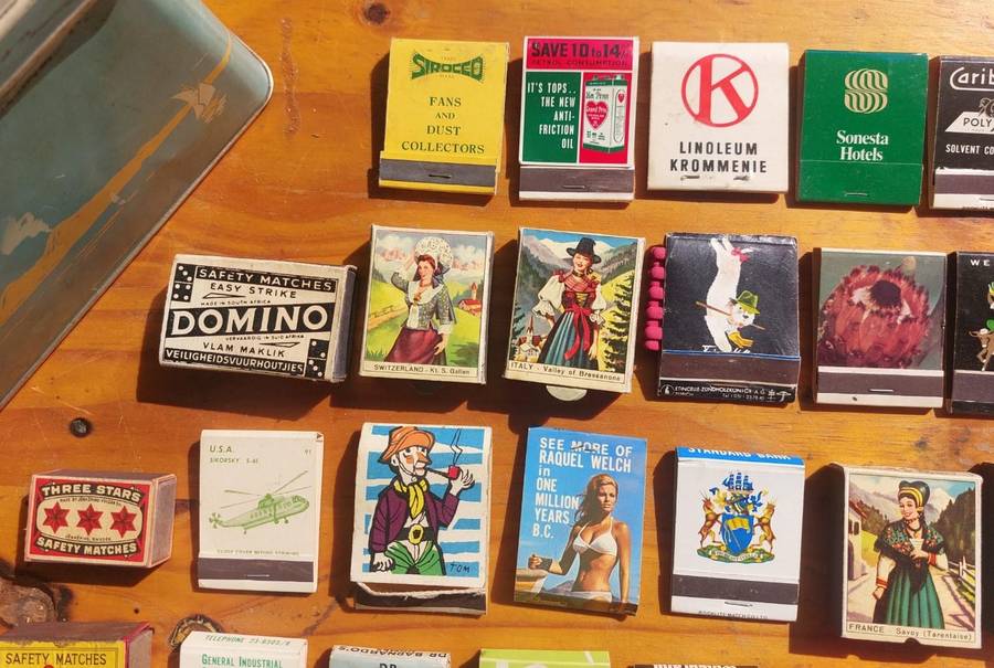 Vintage Matchbook and Matchbox Collection (78 Match books/boxes) in an old Bay of Naples Tin