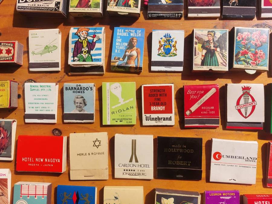 Vintage Matchbook and Matchbox Collection (78 Match books/boxes) in an old Bay of Naples Tin