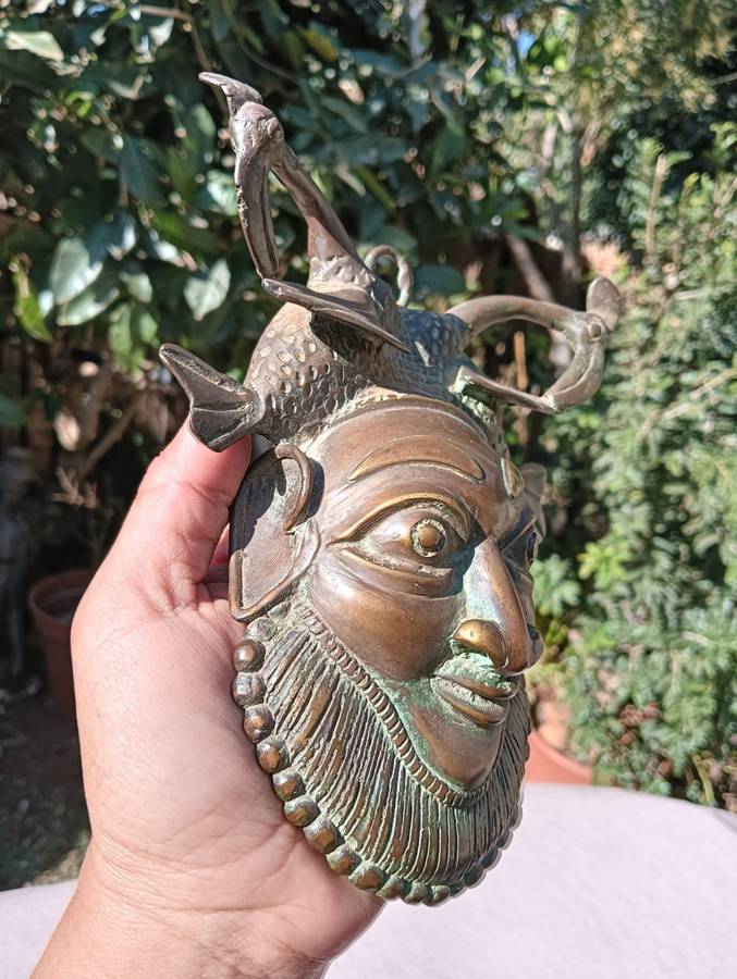 Antique Benin Bronze Hip Mask with Striking Bearded Face and Fish - Natural Patina Visible