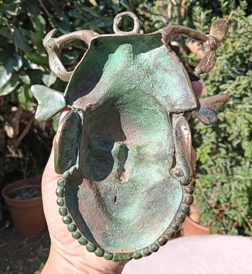 Antique Benin Bronze Hip Mask with Striking Bearded Face and Fish - Natural Patina Visible