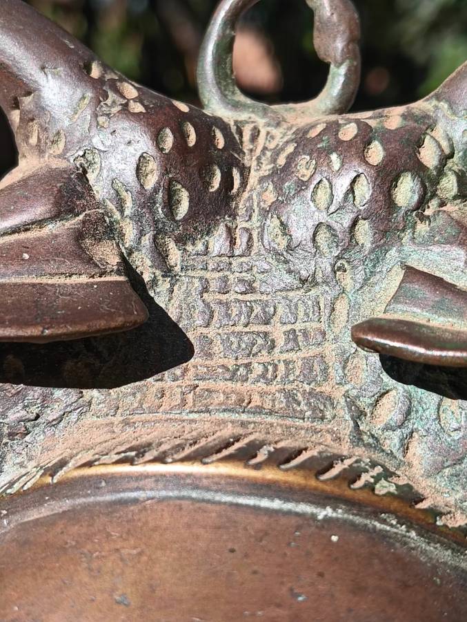 Antique Benin Bronze Hip Mask with Striking Bearded Face and Fish - Natural Patina Visible