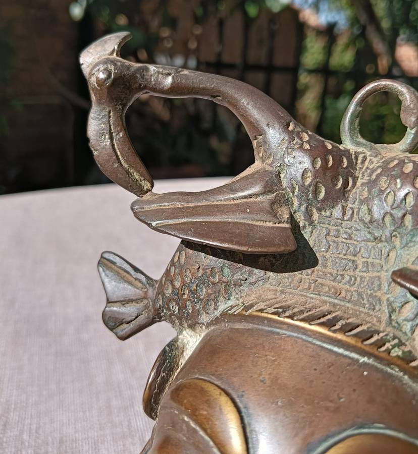 Antique Benin Bronze Hip Mask with Striking Bearded Face and Fish - Natural Patina Visible