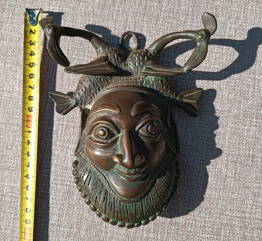 Antique Benin Bronze Hip Mask with Striking Bearded Face and Fish - Natural Patina Visible