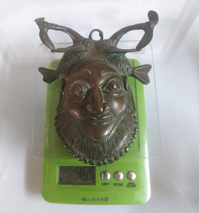 Antique Benin Bronze Hip Mask with Striking Bearded Face and Fish - Natural Patina Visible