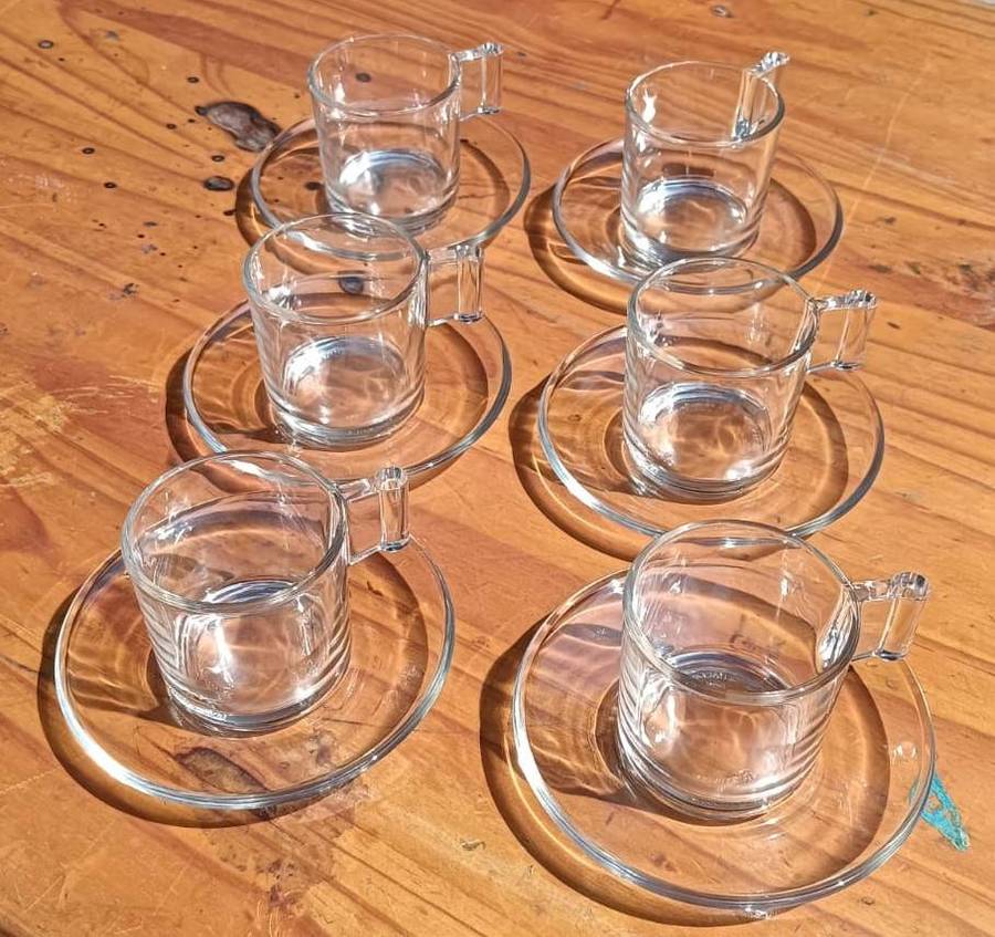 Boxed Set of 6 Vintage Vetreria Di Borgonovo Italian Clear Glass Espresso Cups and Saucers