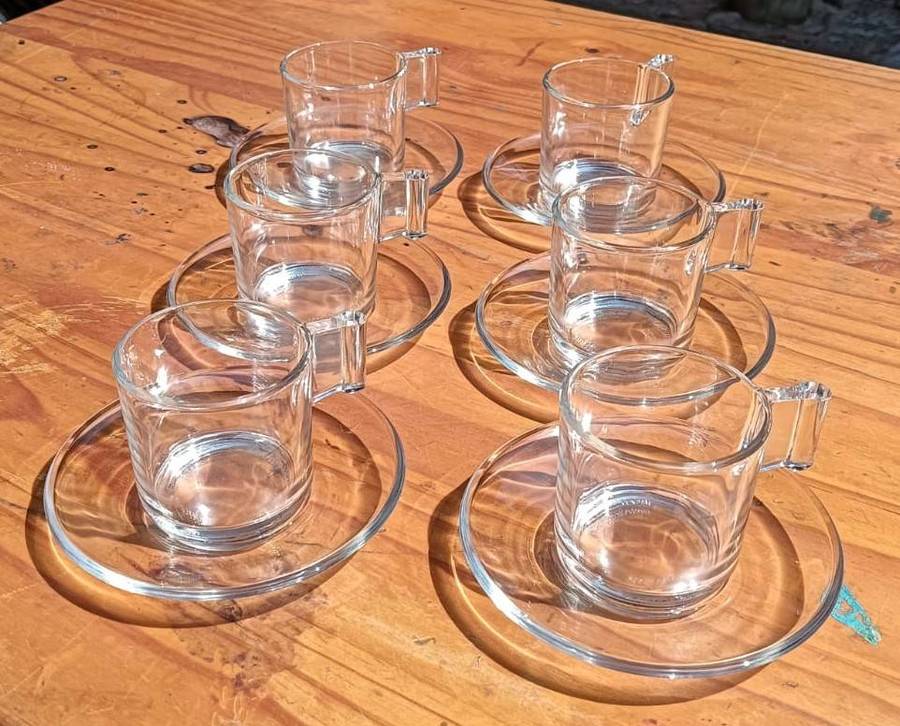 Boxed Set of 6 Vintage Vetreria Di Borgonovo Italian Clear Glass Espresso Cups and Saucers