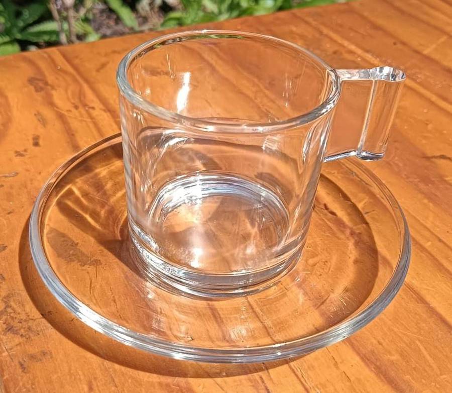 Boxed Set of 6 Vintage Vetreria Di Borgonovo Italian Clear Glass Espresso Cups and Saucers