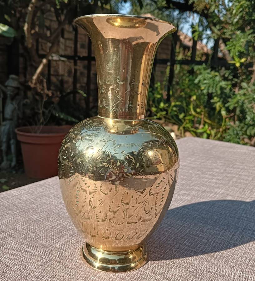 Beautiful Brass Vase with Engraved Floral Design 22cm High
