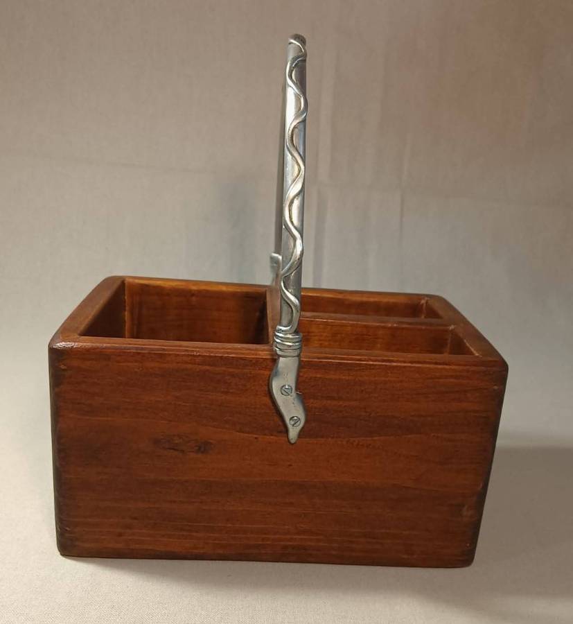 Carrol Boyes (SA 1954-2019) Early Design Pewter and Wood Cutlery Holder with Wave Designer Handle