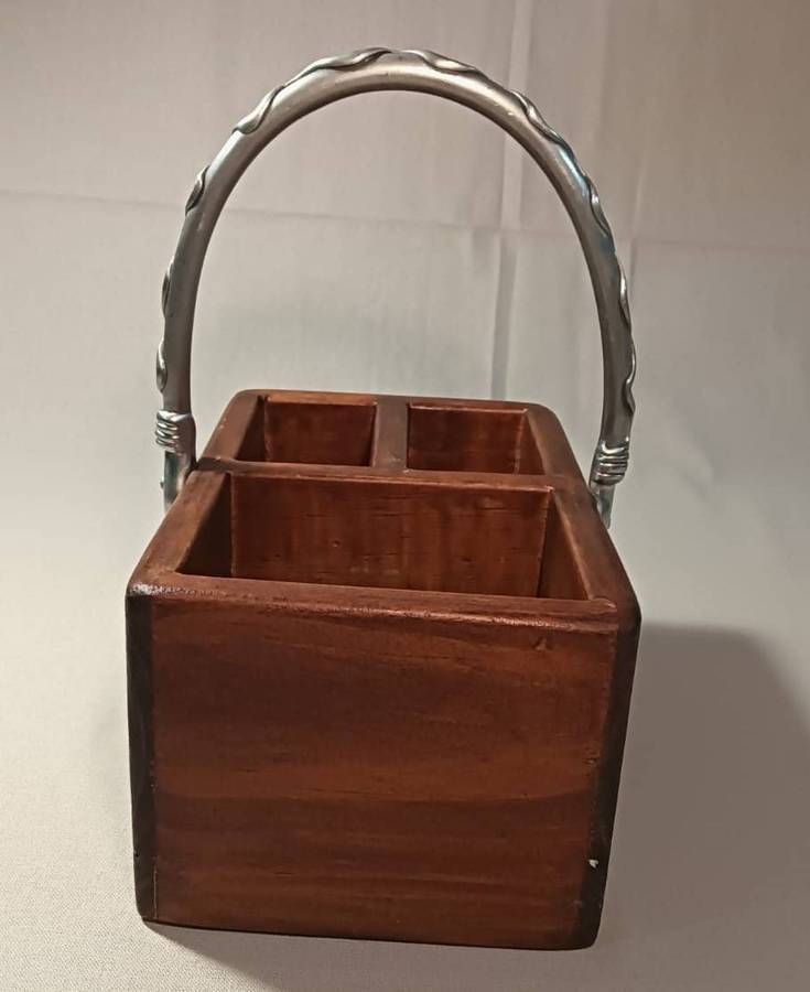 Carrol Boyes (SA 1954-2019) Early Design Pewter and Wood Cutlery Holder with Wave Designer Handle