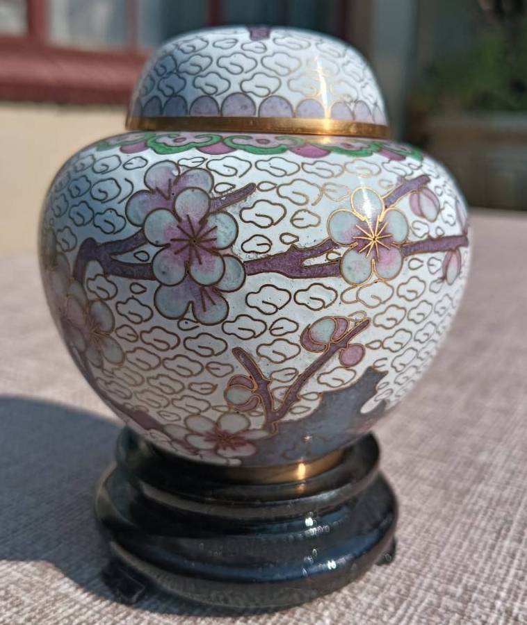 Vintage Chinese Cloisonne on Brass Mini Ginger Jar with Gold Clouds and Cherry Blossoms with Stand