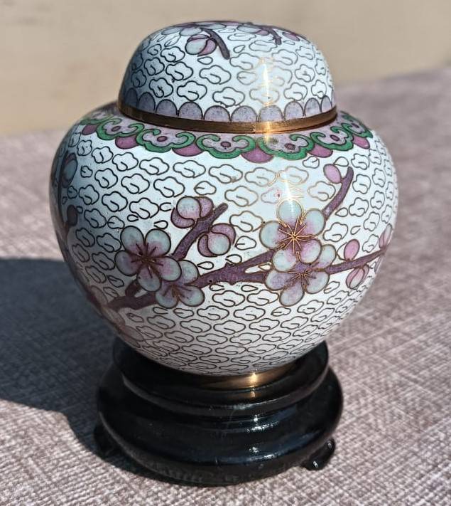 Vintage Chinese Cloisonne on Brass Mini Ginger Jar with Gold Clouds and Cherry Blossoms with Stand