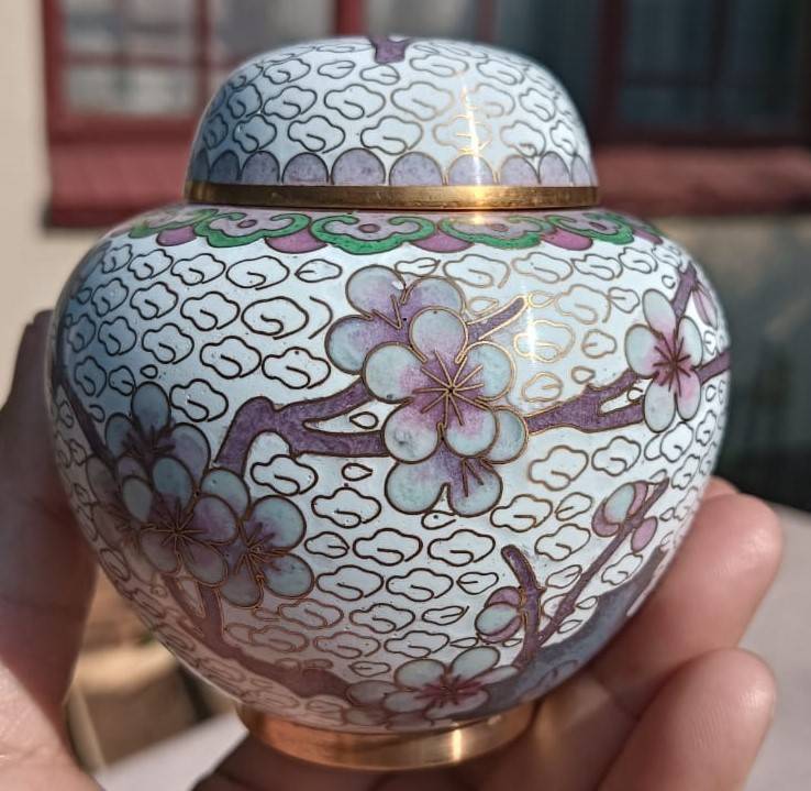 Vintage Chinese Cloisonne on Brass Mini Ginger Jar with Gold Clouds and Cherry Blossoms with Stand