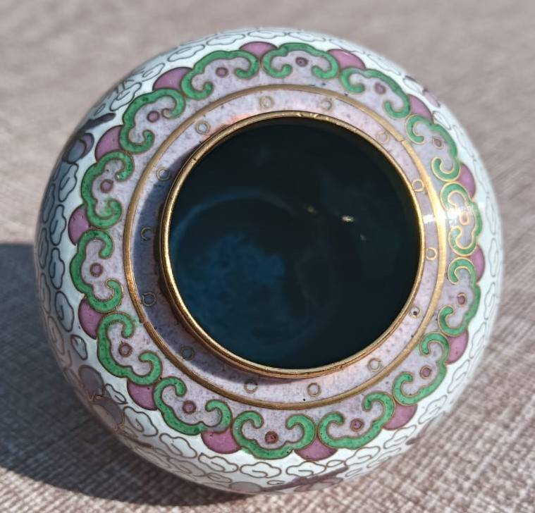 Vintage Chinese Cloisonne on Brass Mini Ginger Jar with Gold Clouds and Cherry Blossoms with Stand