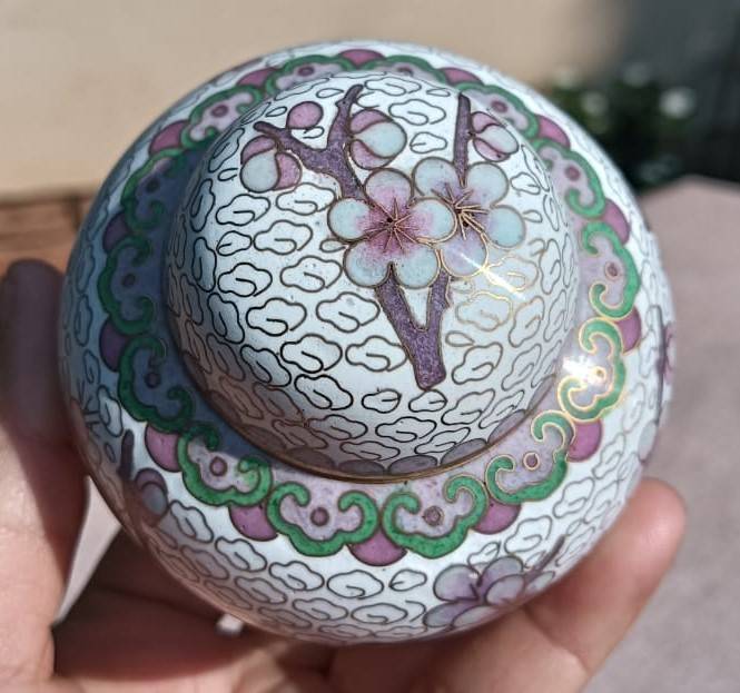 Vintage Chinese Cloisonne on Brass Mini Ginger Jar with Gold Clouds and Cherry Blossoms with Stand