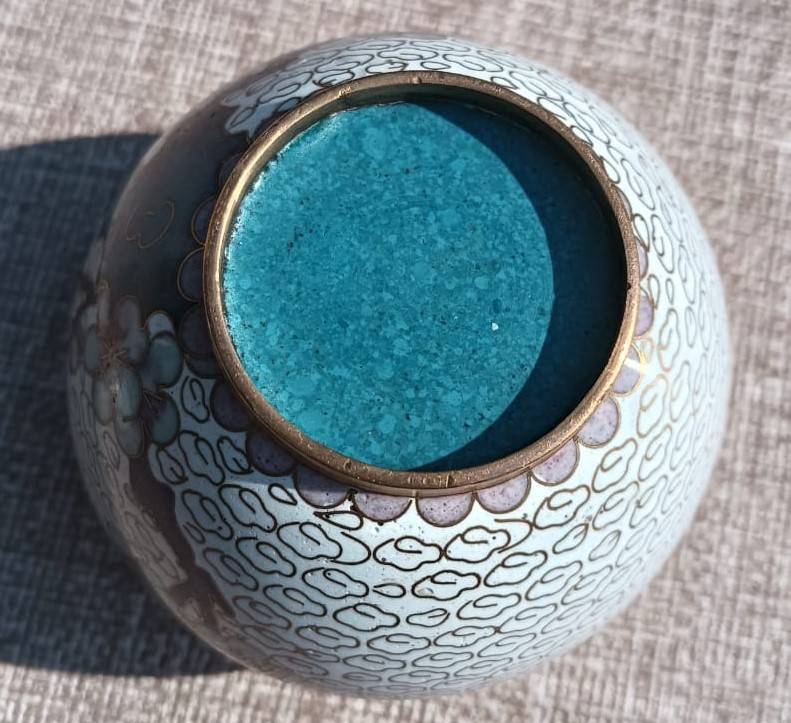 Vintage Chinese Cloisonne on Brass Mini Ginger Jar with Gold Clouds and Cherry Blossoms with Stand