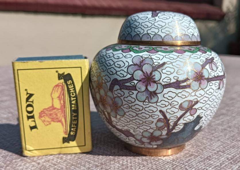 Vintage Chinese Cloisonne on Brass Mini Ginger Jar with Gold Clouds and Cherry Blossoms with Stand