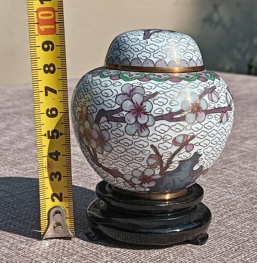 Vintage Chinese Cloisonne on Brass Mini Ginger Jar with Gold Clouds and Cherry Blossoms with Stand