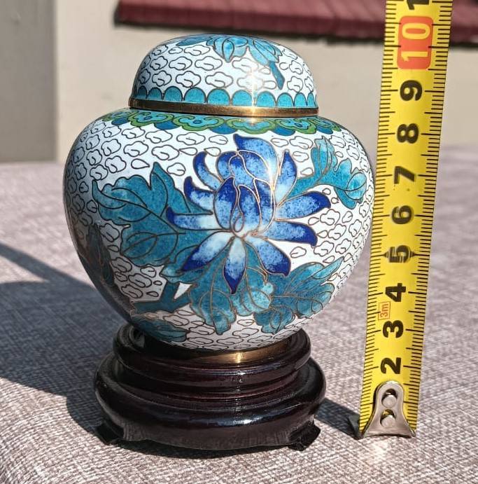 Vintage Chinese Cloisonne on Brass Mini Ginger Jar with Gold Clouds and Lotus Flowers With Stand