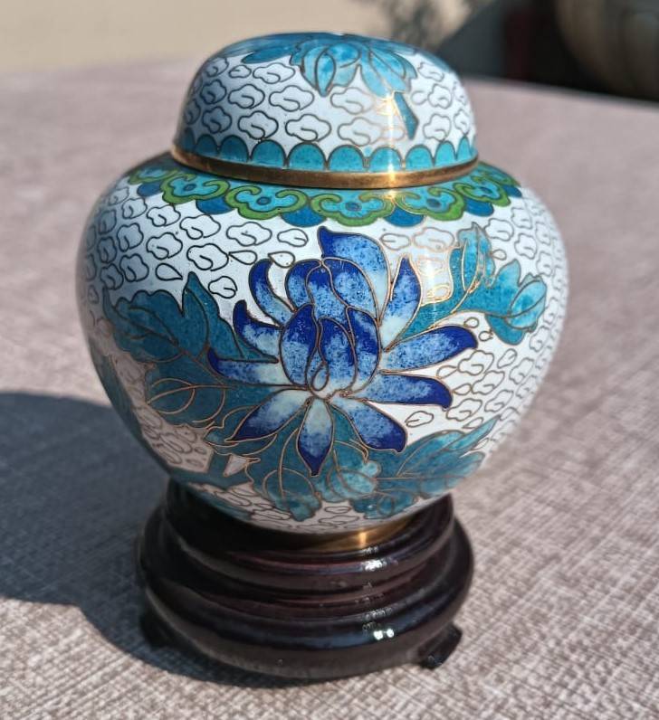 Vintage Chinese Cloisonne on Brass Mini Ginger Jar with Gold Clouds and Lotus Flowers With Stand