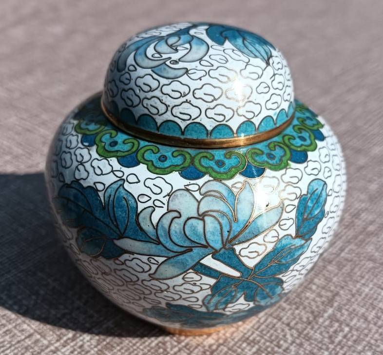 Vintage Chinese Cloisonne on Brass Mini Ginger Jar with Gold Clouds and Lotus Flowers With Stand