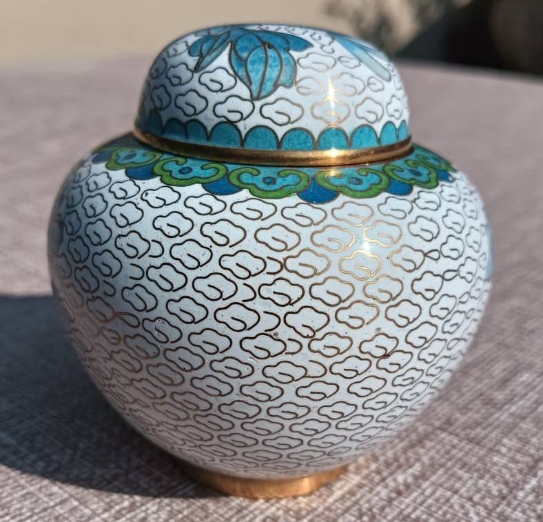 Vintage Chinese Cloisonne on Brass Mini Ginger Jar with Gold Clouds and Lotus Flowers With Stand