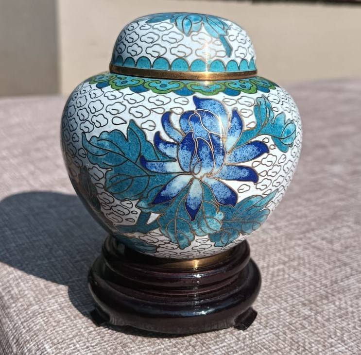 Vintage Chinese Cloisonne on Brass Mini Ginger Jar with Gold Clouds and Lotus Flowers With Stand