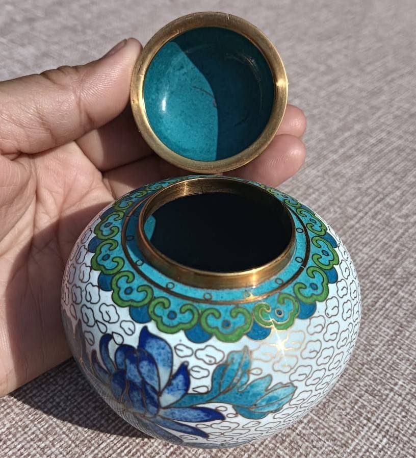 Vintage Chinese Cloisonne on Brass Mini Ginger Jar with Gold Clouds and Lotus Flowers With Stand