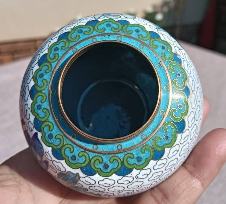 Vintage Chinese Cloisonne on Brass Mini Ginger Jar with Gold Clouds and Lotus Flowers With Stand