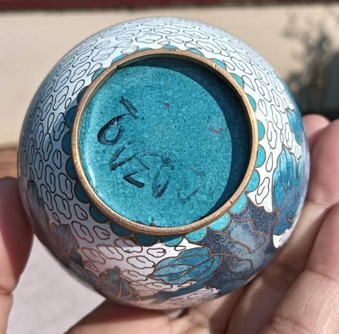 Vintage Chinese Cloisonne on Brass Mini Ginger Jar with Gold Clouds and Lotus Flowers With Stand