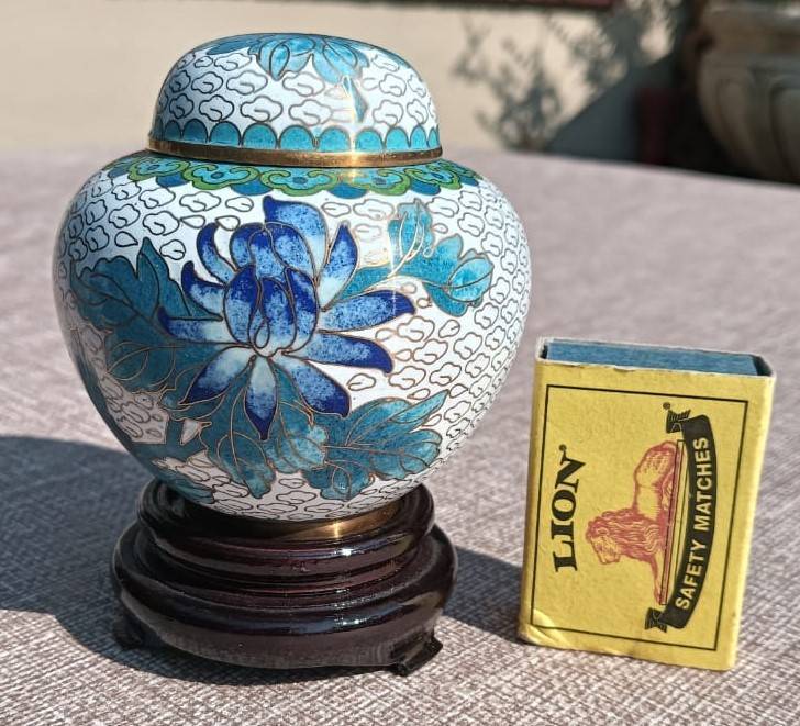 Vintage Chinese Cloisonne on Brass Mini Ginger Jar with Gold Clouds and Lotus Flowers With Stand