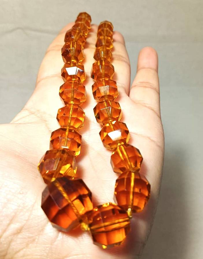 Vintage Art Deco Faceted Graduated Citrine Amber Color Chrystal Bead Necklace in Velvet lined box