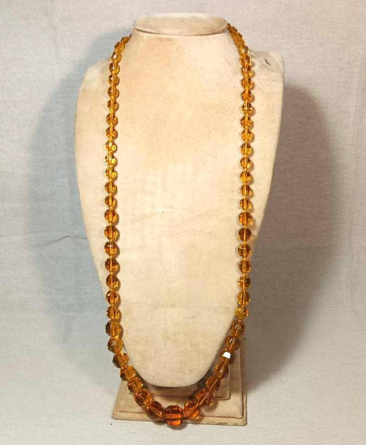 Vintage Art Deco Faceted Graduated Citrine Amber Color Chrystal Bead Necklace in Velvet lined box